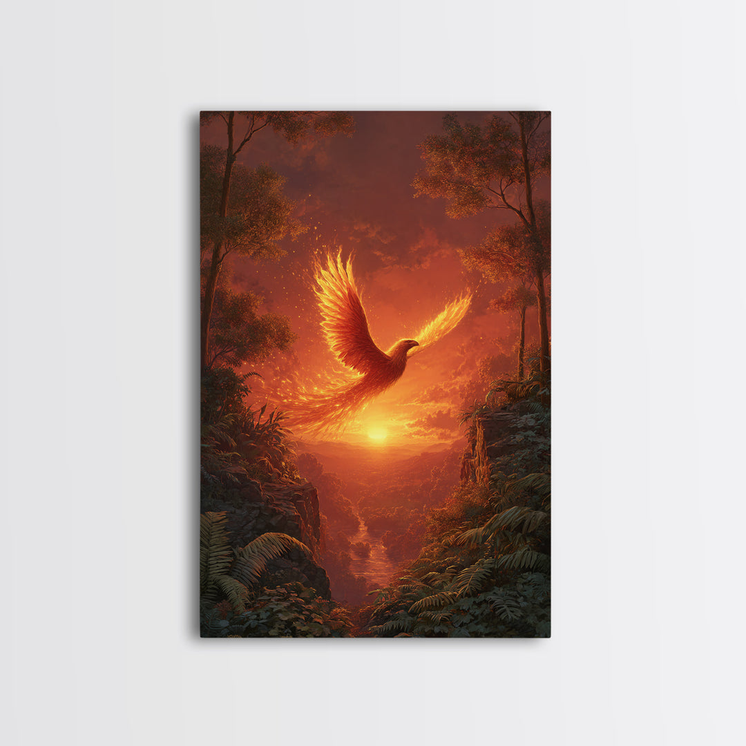 Fiery Phoenix Soaring Over Sunset Canyon Canvas Print, Fantasy Bird Wall Art, Dramatic Orange Home Decor, Mythical Artwork