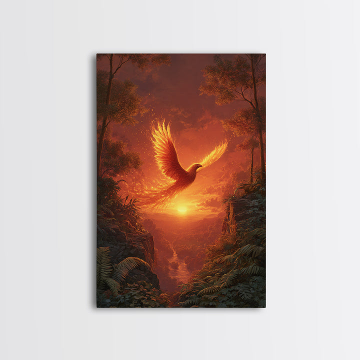 Fiery Phoenix Soaring Over Sunset Canyon Canvas Print, Fantasy Bird Wall Art, Dramatic Orange Home Decor, Mythical Artwork