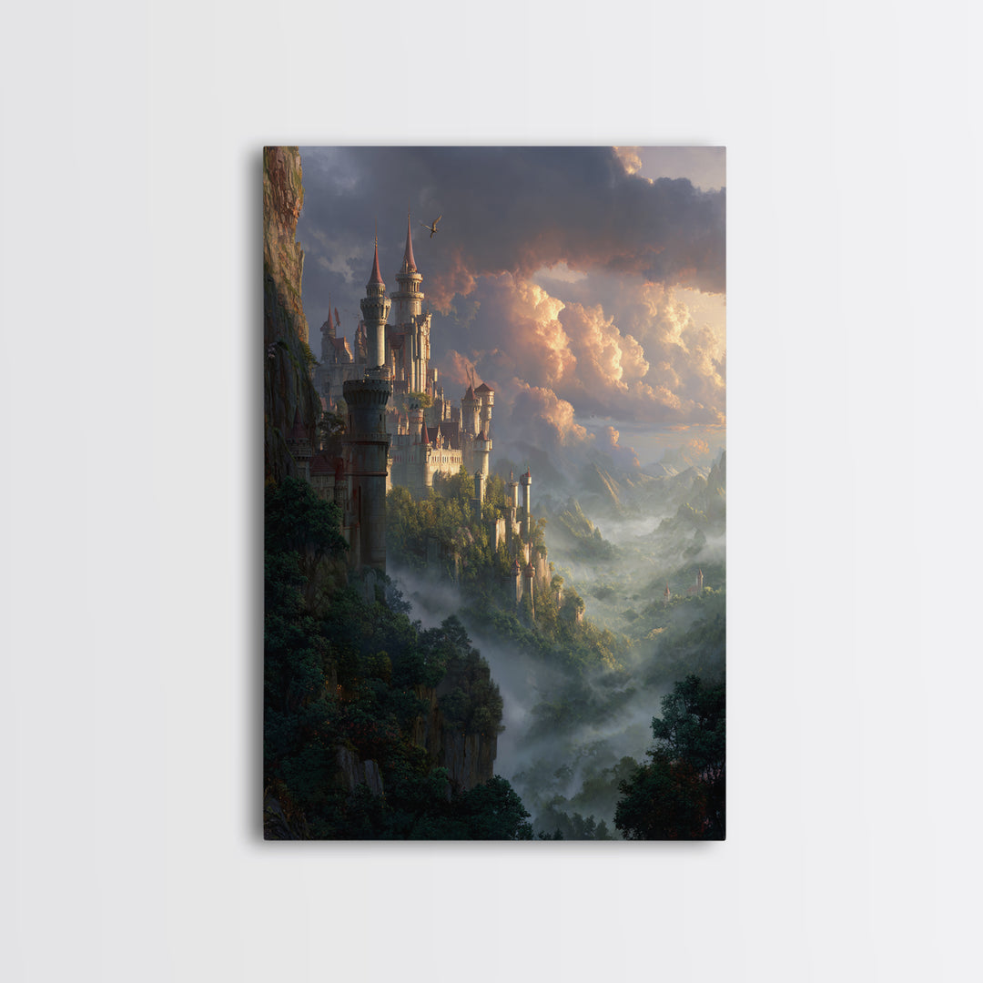 Misty Cliffside Castle Above Enchanted Valley Framed Canvas Print, Fantasy Wall Art, Medieval Landscape Home Decor, Dramatic Cloud Art
