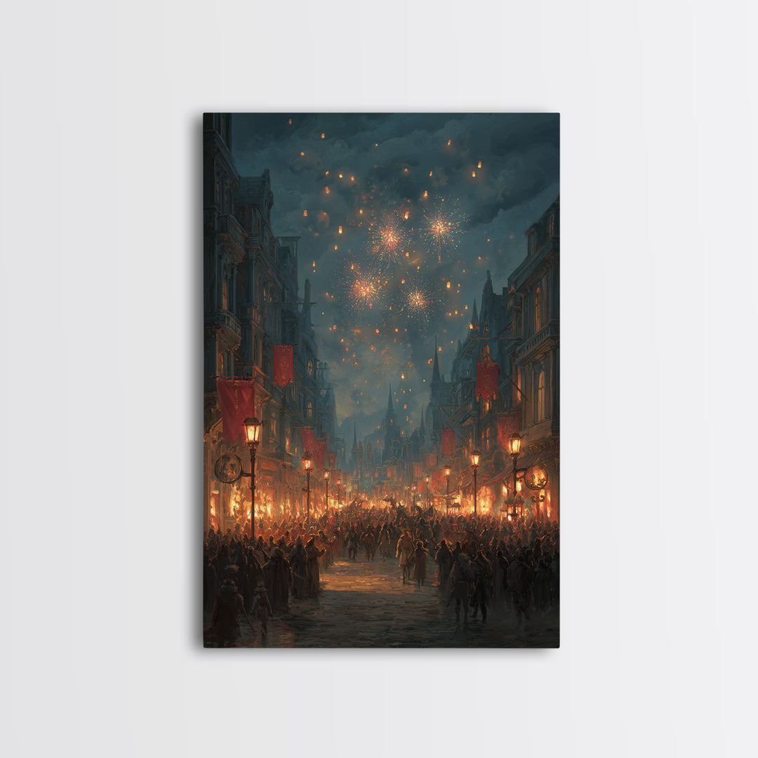 Medieval Festival Street With Fireworks Wall Art, Fantasy City Canvas, Dark Academia Decor, Gothic Town Celebration Print