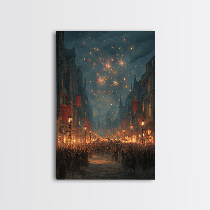 Medieval Festival Street With Fireworks Wall Art, Fantasy City Canvas, Dark Academia Decor, Gothic Town Celebration Print