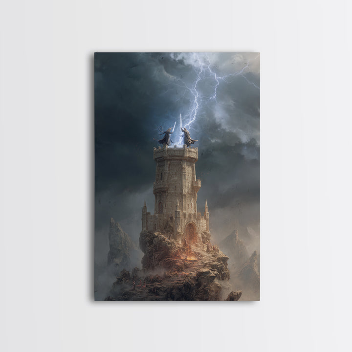 Lightning Strikes Wizard Tower On Stormy Peak Framed Canvas Print, Fantasy Wall Art, Dark Gothic Decor, Magical Castle Art