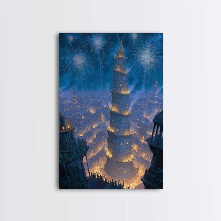 Blue Fireworks Over Magical City Tower Canvas Print, Fantasy Wall Art, Medieval Celebration Decor, Enchanted Skyline Art