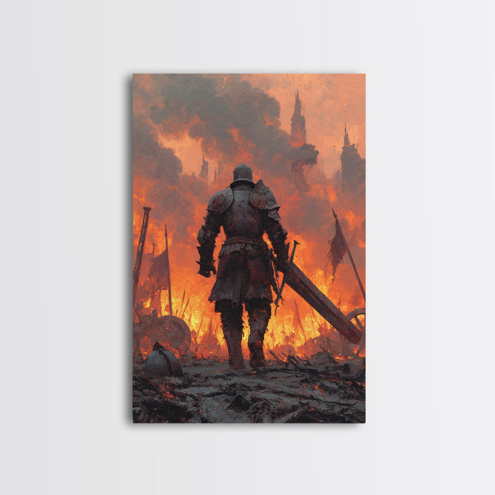 Armored Knight Walking Through Burning Battlefield Wall Art, Dark Fantasy Canvas, Medieval Warrior Decor, Dramatic Fire Art Print