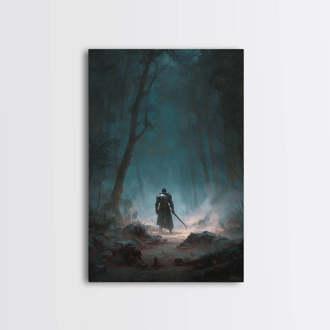 Lone Knight In Misty Haunted Forest Canvas Print, Dark Fantasy Wall Art, Gothic Woodland Decor, Warrior Landscape Artwork