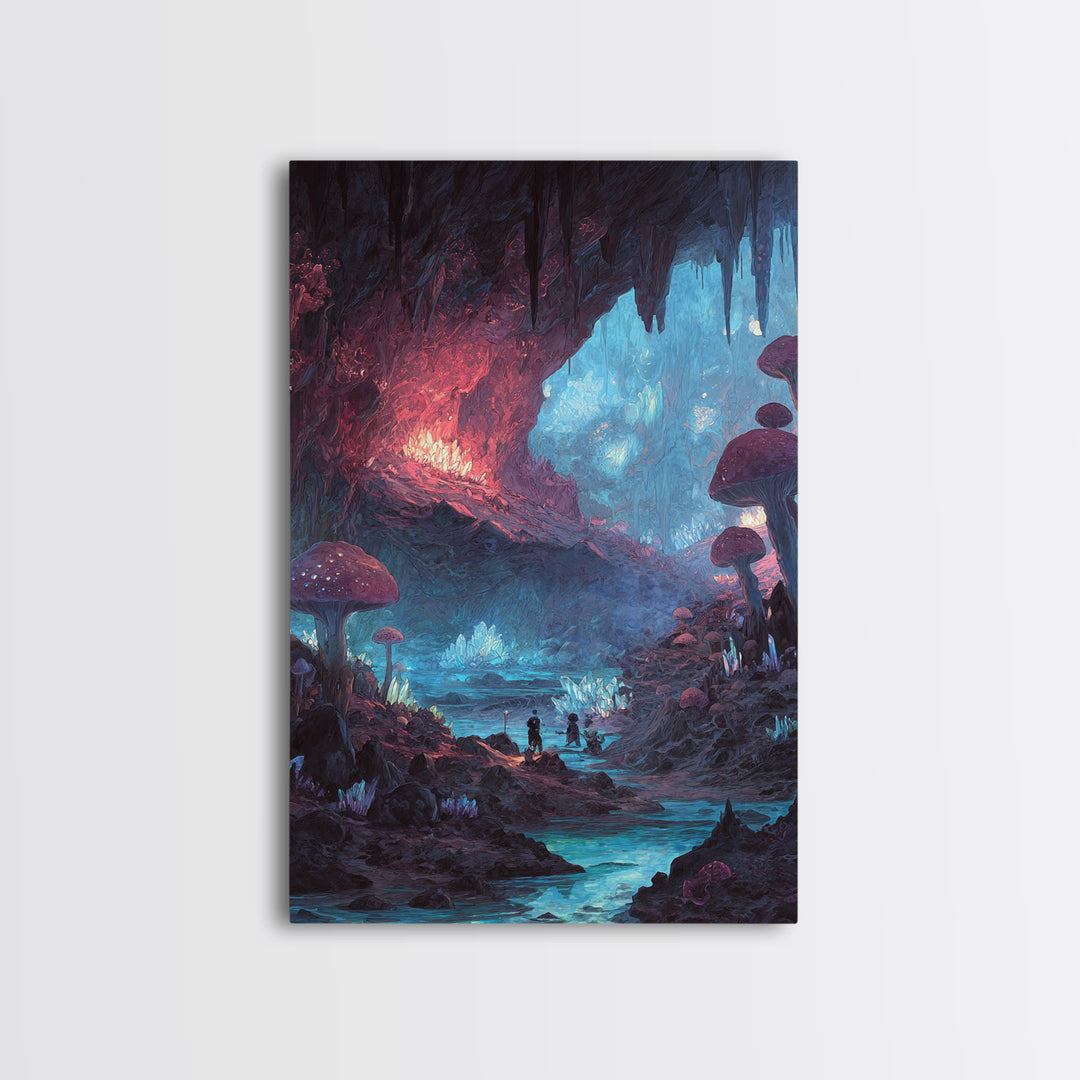 Glowing Mushroom Cave With Crystal River Wall Art, Fantasy Landscape Canvas, Whimsical Fairycore Decor, Magical Forest Print