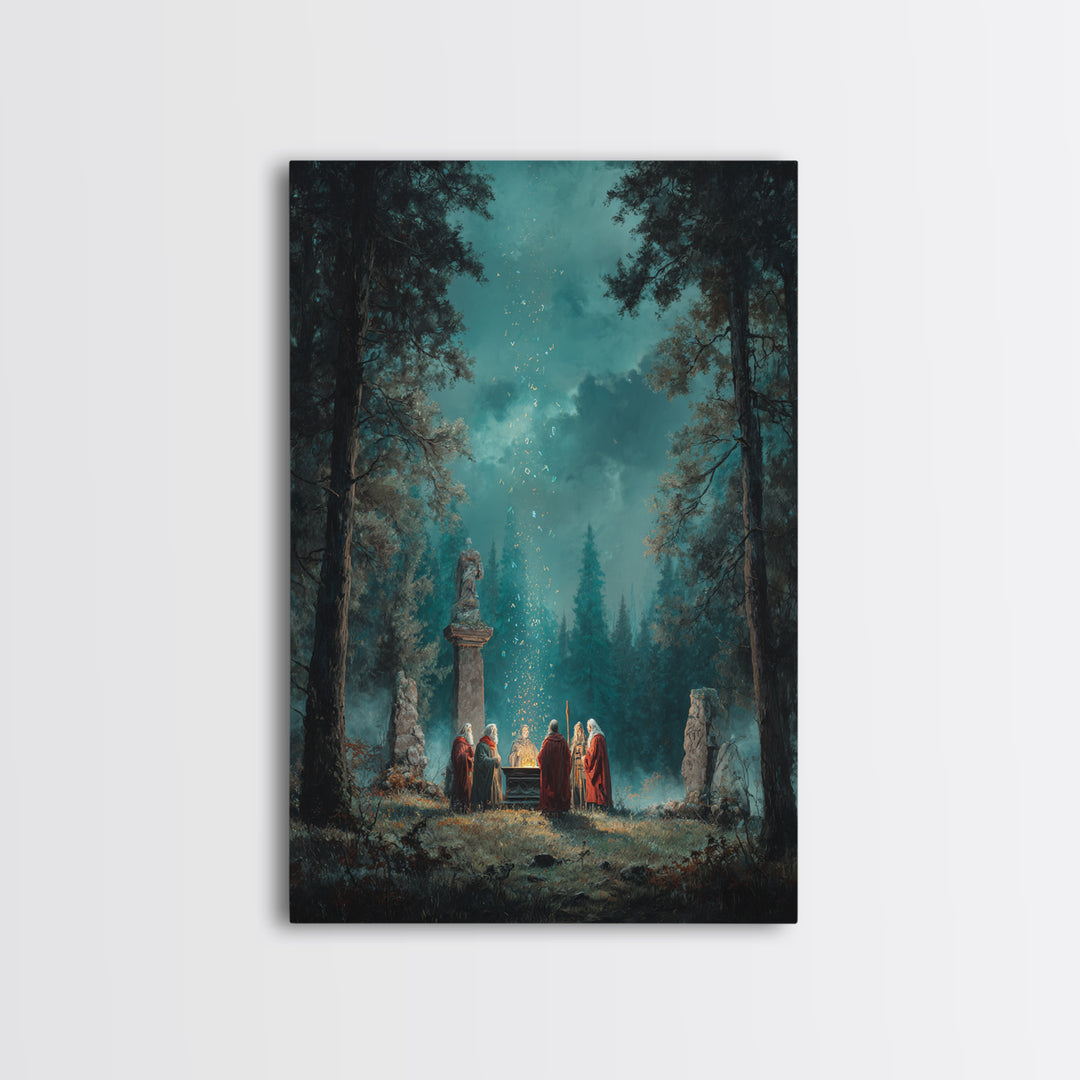 Mystic Forest Ritual Beneath Teal Night Sky Framed Canvas Print, Fantasy Wall Art, Spiritual Decor, Enchanted Woodland Art