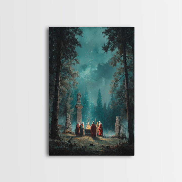 Mystic Forest Ritual Beneath Teal Night Sky Framed Canvas Print, Fantasy Wall Art, Spiritual Decor, Enchanted Woodland Art