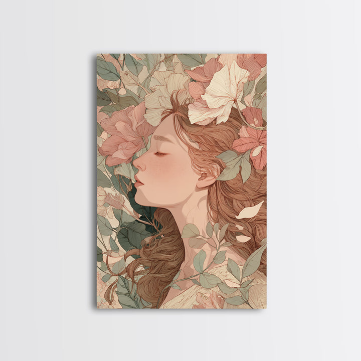Sleeping Floral Woman Portrait Canvas Print, Art Nouveau Wall Art, Feminine Botanical Decor, Romantic Bedroom Art, Gift For Her