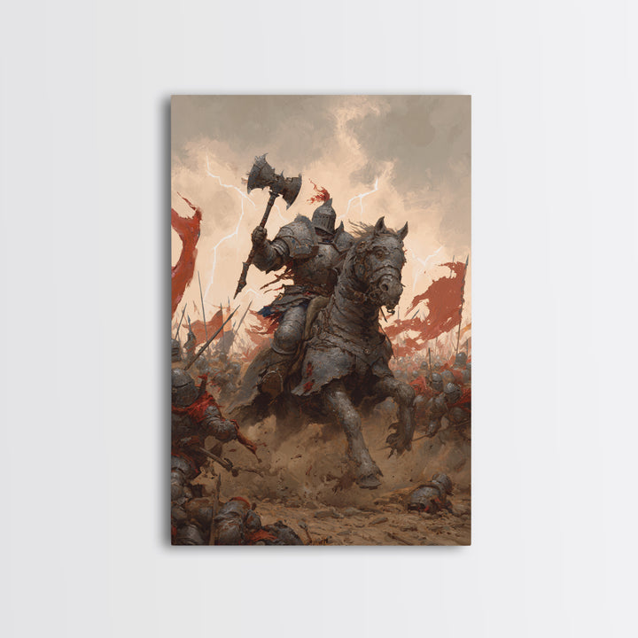Armored Knight On War Horse With Battle Axe Wall Art, Dark Fantasy Canvas Print, Medieval Warrior Living Room Decor Gift