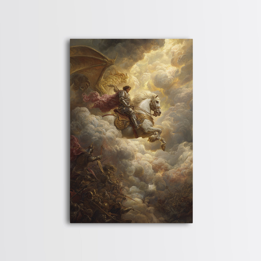 White Horse Knight Battles Golden Dragon In Clouds Framed Canvas Print, Epic Fantasy Wall Art, Medieval Home Decor Gift Idea