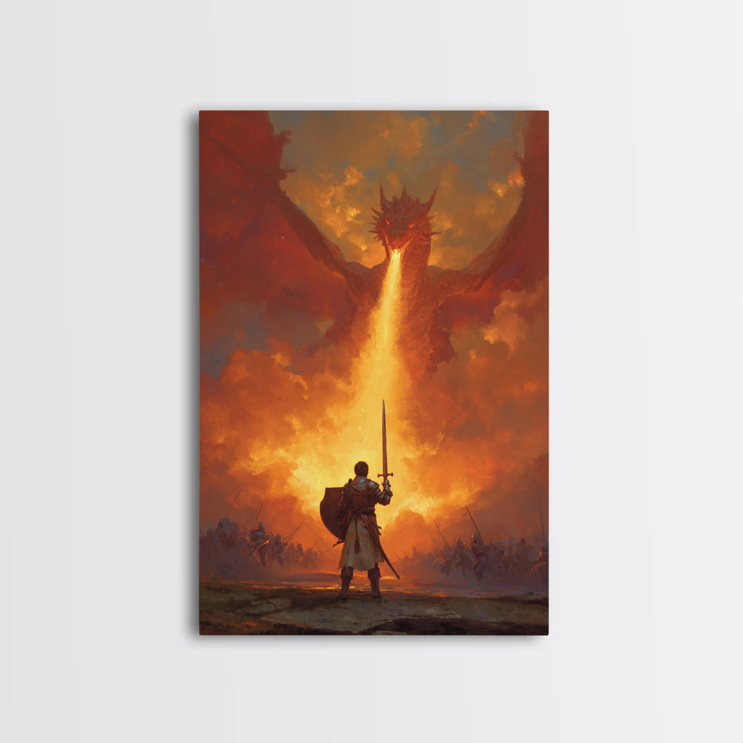 Lone Swordsman Facing Fire Breathing Red Dragon Wall Art, Epic Fantasy Canvas Print, Medieval Battle Living Room Decor Gift