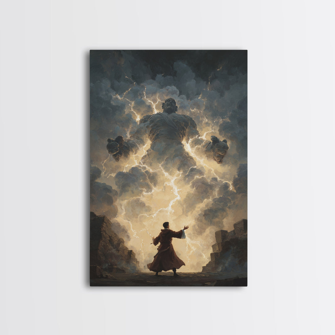 Storm Wizard Summoning Lightning Cloud Giant Wall Art, Dark Fantasy Canvas Print, Mythological Magic Office Decor Gift For Him
