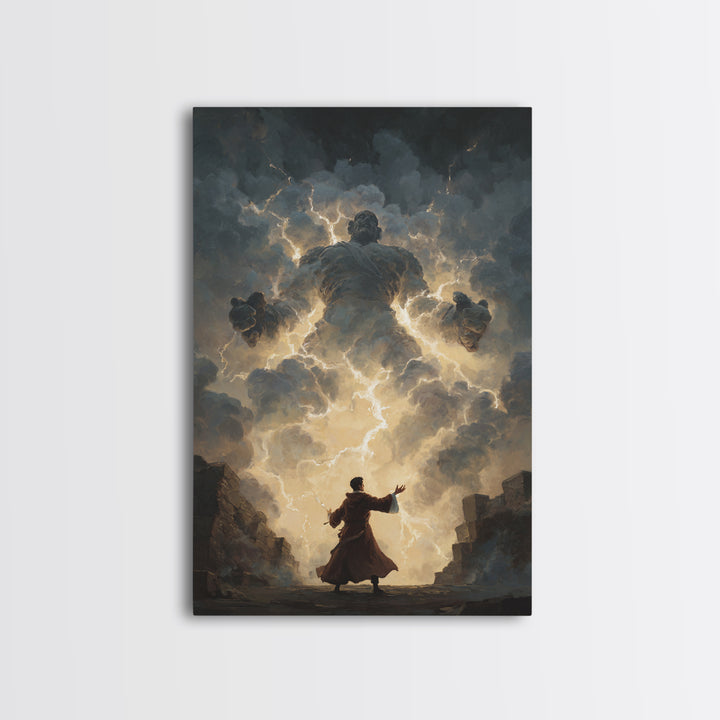 Storm Wizard Summoning Lightning Cloud Giant Wall Art, Dark Fantasy Canvas Print, Mythological Magic Office Decor Gift For Him