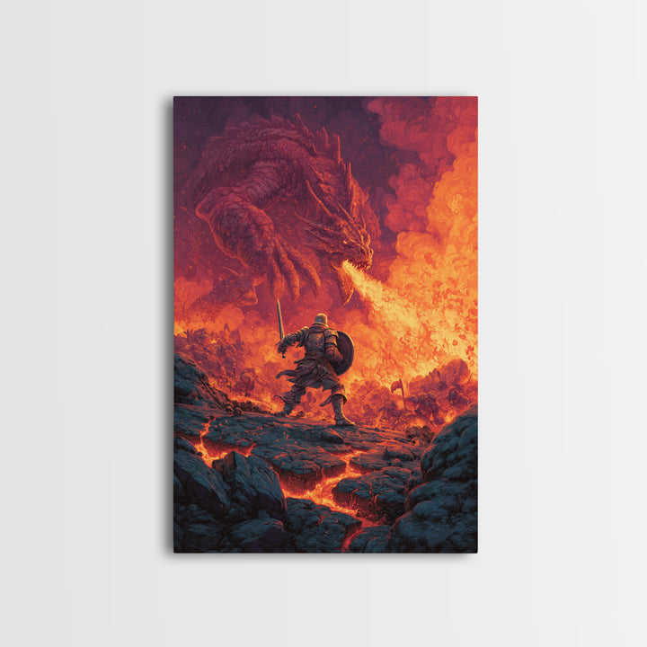 Knight Charging Through Lava Toward Fire Dragon Wall Art, Dark Fantasy Framed Canvas Print, Medieval Battle Game Room Decor