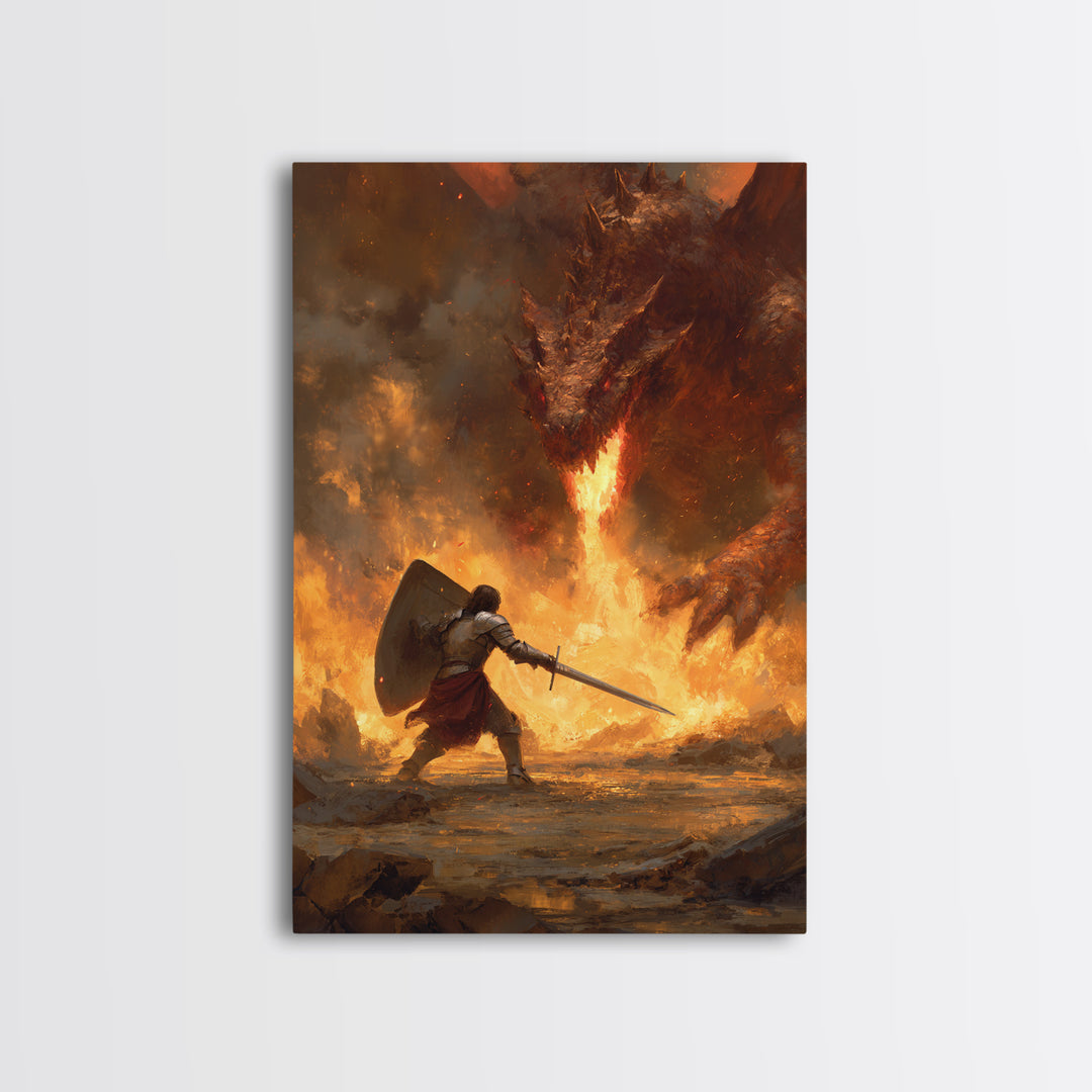 Shield Warrior Defies Fire Breathing Dragon Canvas Print, Epic Fantasy Wall Art, Medieval Sword Battle Home Decor Gift For Him