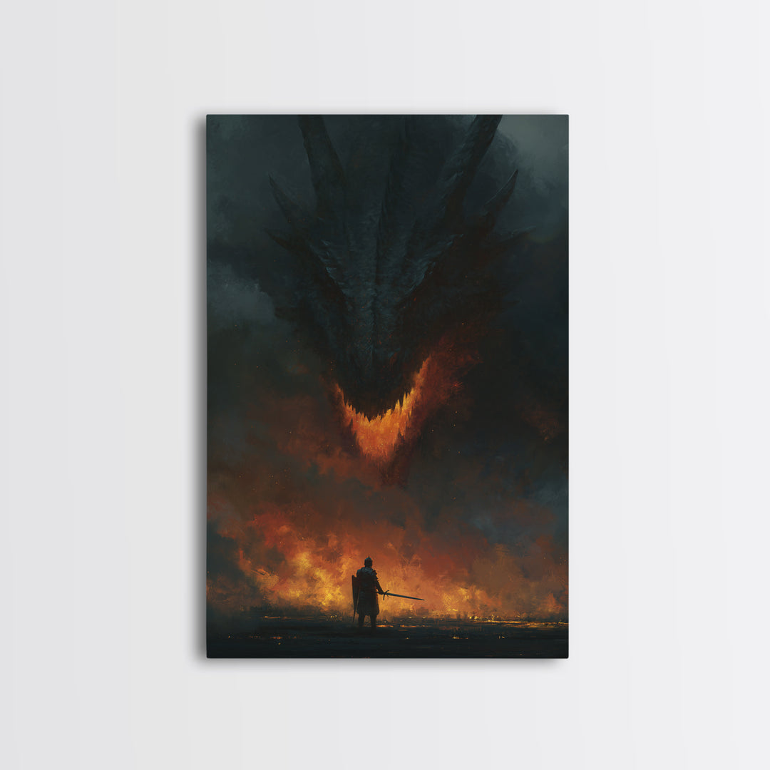 Dark Dragon Looming Over Lone Knight Wall Art, Gothic Fantasy Canvas Print, Apocalyptic Fire Medieval Office Decor Gift For Him