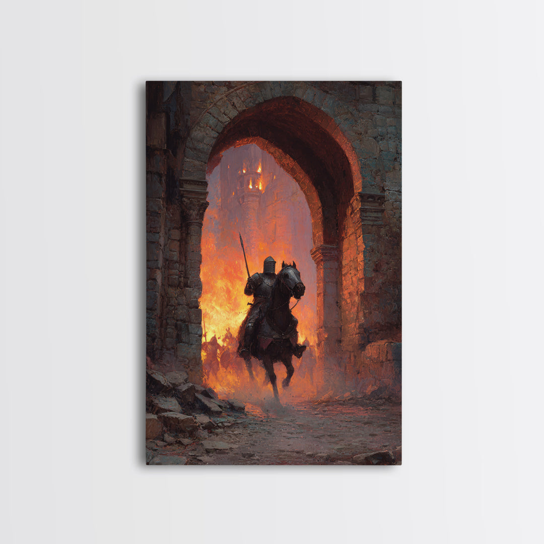 Mounted Knight Riding Through Burning Stone Arch Wall Art, Dark Fantasy Framed Canvas Print, Medieval Castle Home Decor Gift