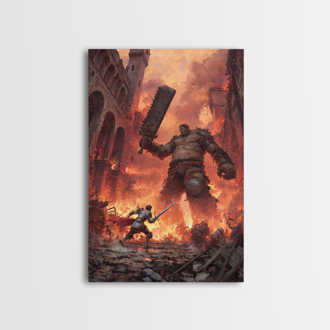 Knight Fighting Giant Ogre In Burning City Wall Art, Dark Fantasy Canvas Print, Medieval Monster Battle Game Room Decor Gift