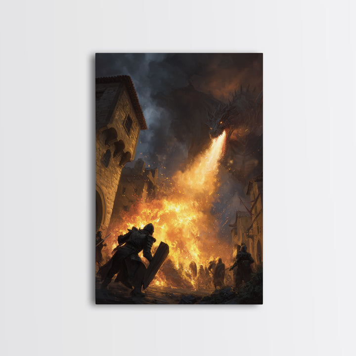 Armored Knight Before Dragon Fire In Medieval Street Wall Art, Dark Fantasy Framed Canvas Print, Castle Battle Living Room Decor