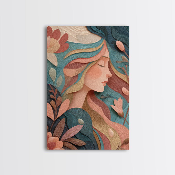 Art Nouveau Floral Woman Portrait Wall Art, Feminine Boho Canvas, Teal Peach Bedroom Decor, Elegant Gift For Her, Modern Home Decor
