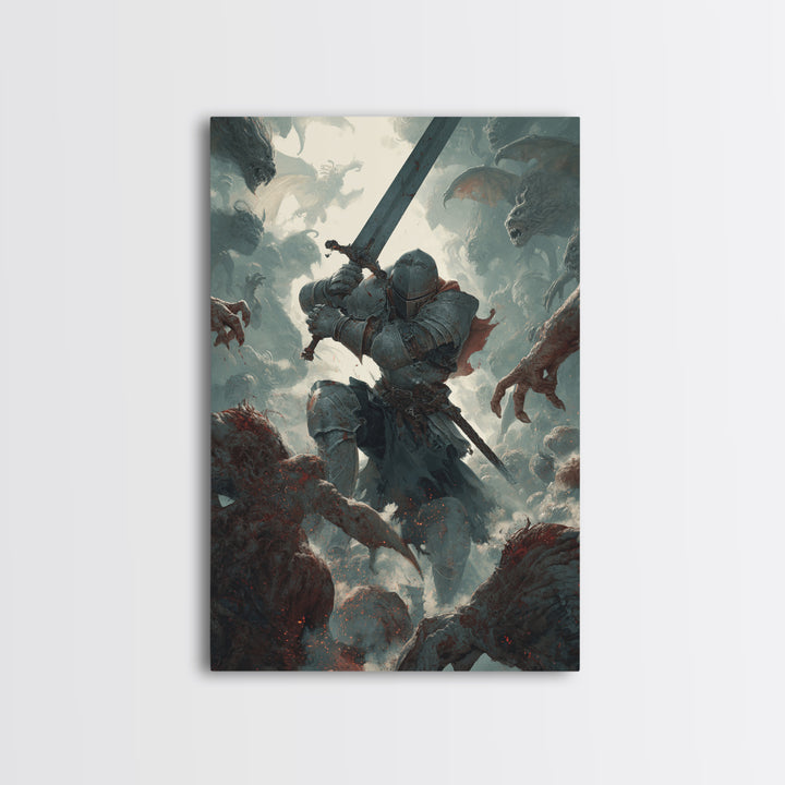 Armored Knight Battling Monsters Wall Art, Dark Fantasy Canvas Wall Decor, Gothic Warrior Artwork, Medieval Game Room Decor