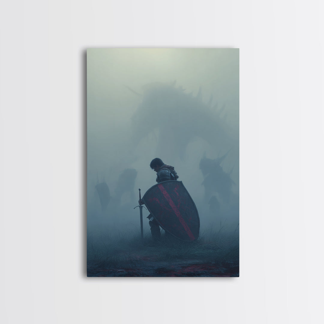 Kneeling Knight In Mist Wall Art, Dark Fantasy Dragon Print, Medieval Warrior Decor, Moody Gothic Living Room Artwork Gift