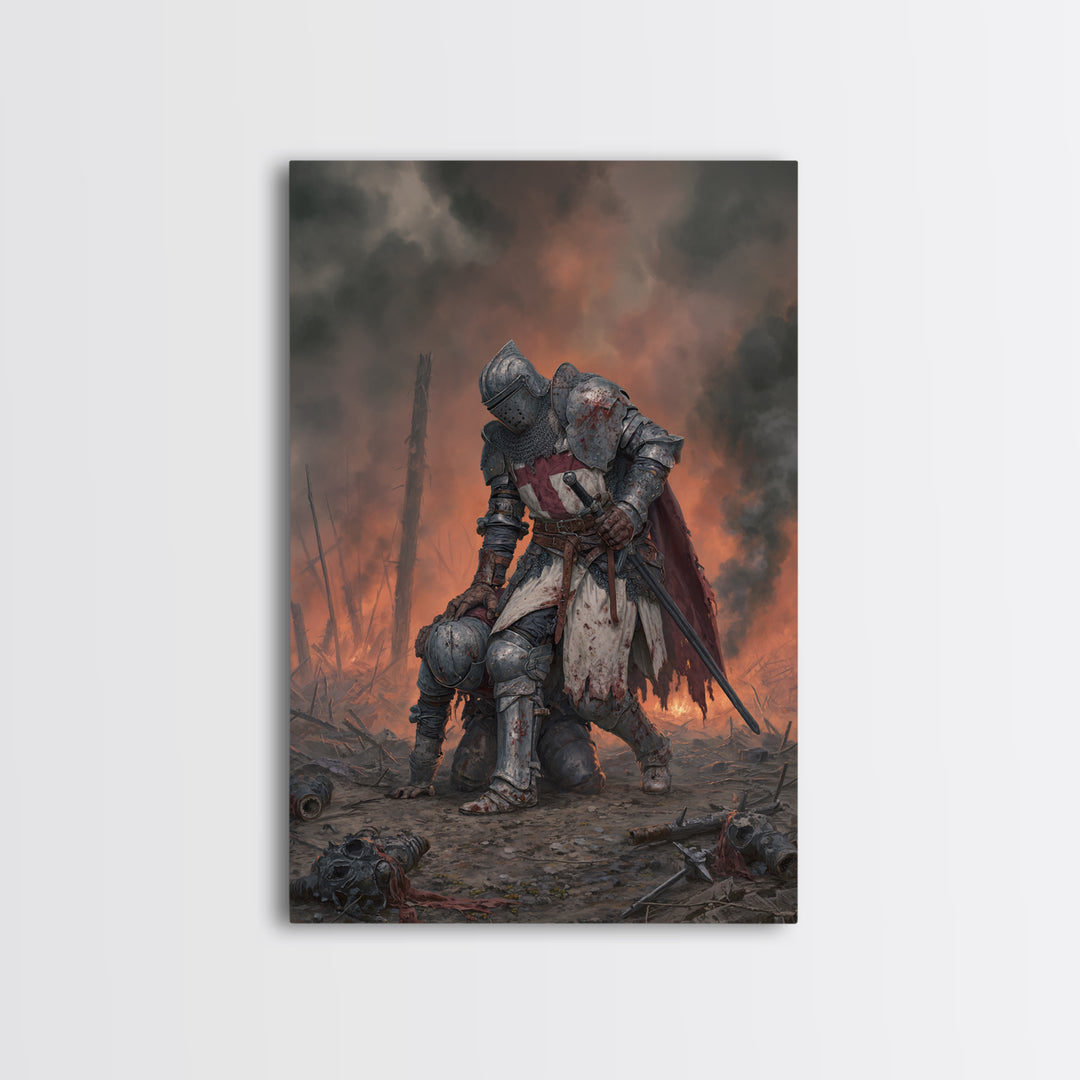 Wounded Knight In Burning Battlefield Wall Art, Dark Fantasy Medieval Canvas Decor, Gothic Warrior Print, Moody Office Artwork