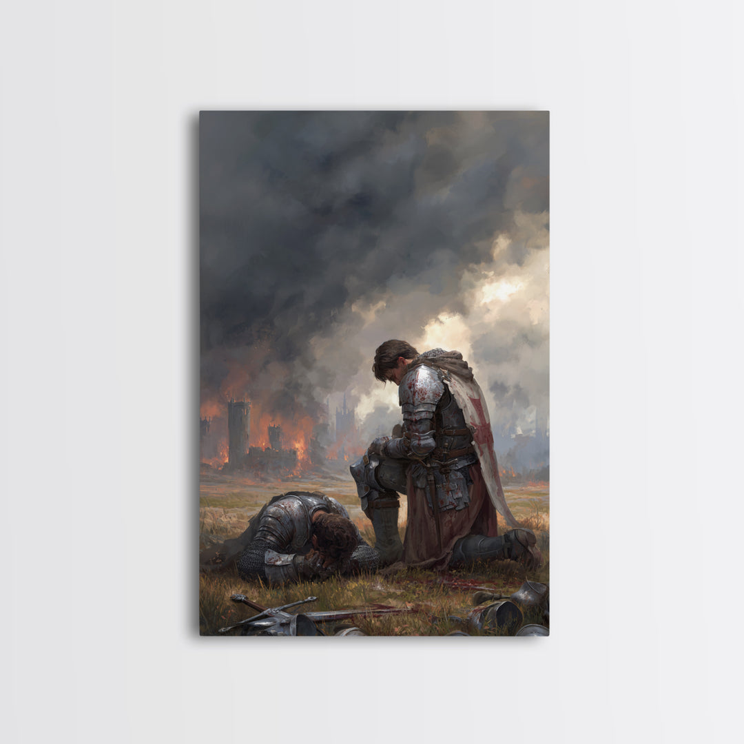 Grieving Knight Beside Fallen Soldier Wall Art, Dark Fantasy Medieval Print, Gothic Battle Decor, Moody Living Room Artwork