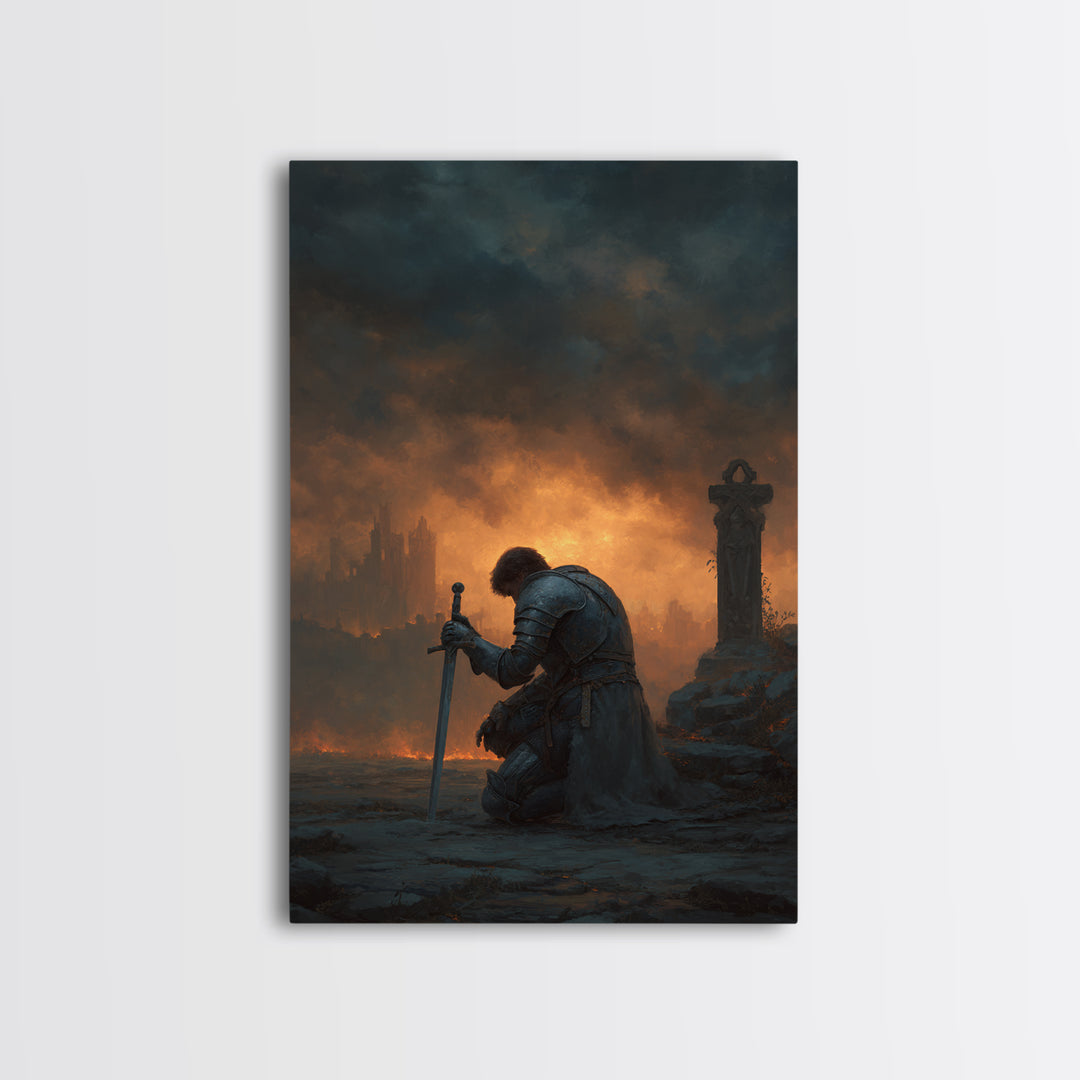 Lone Knight Kneeling At Sword Canvas Print, Dark Fantasy Medieval Wall Decor, Gothic Castle Ruins, Moody Office Art, Statement Artwork