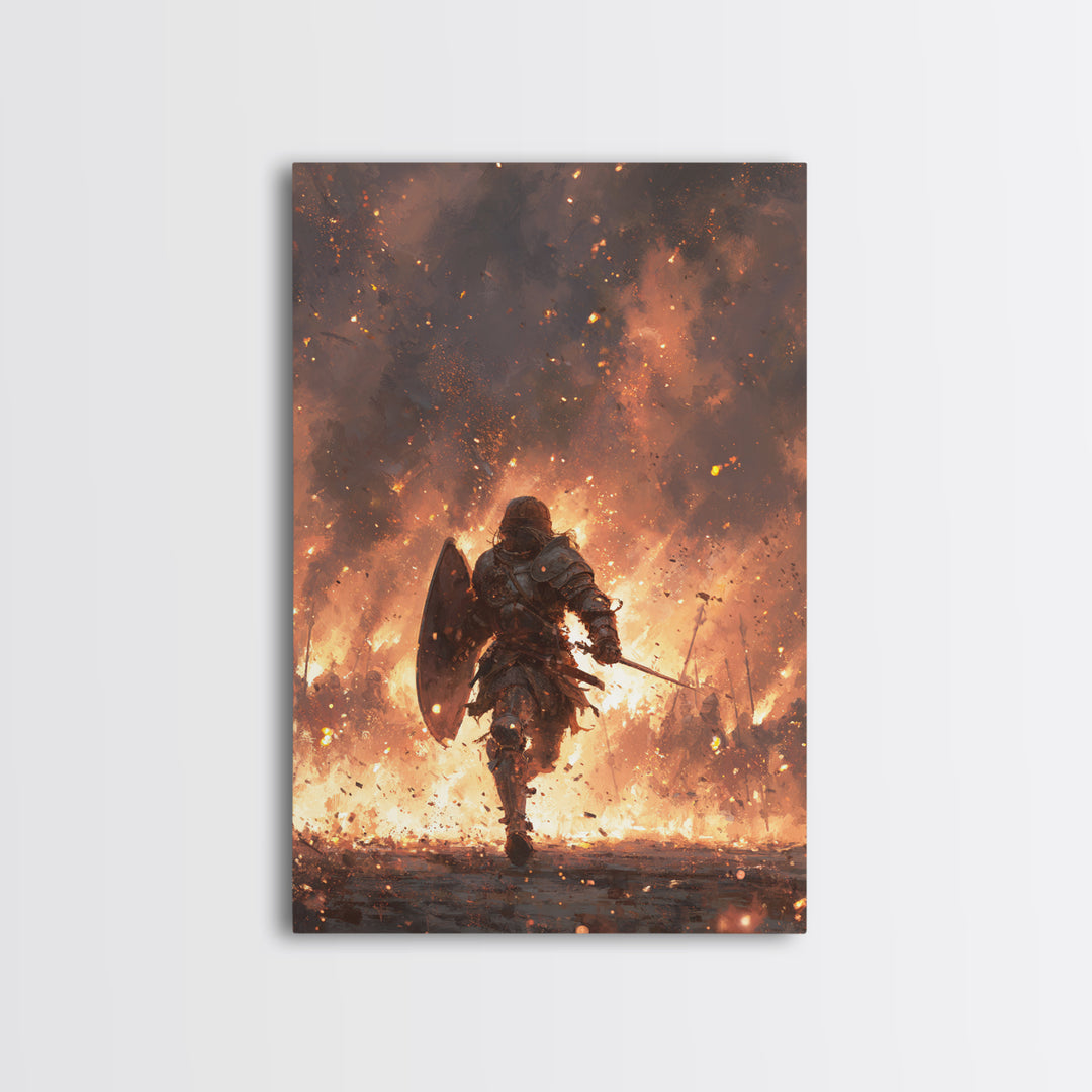 Knight Running Through Fire Wall Art, Dark Fantasy Medieval Battle Print, Gothic Warrior Canvas Decor, Dramatic Game Room Art