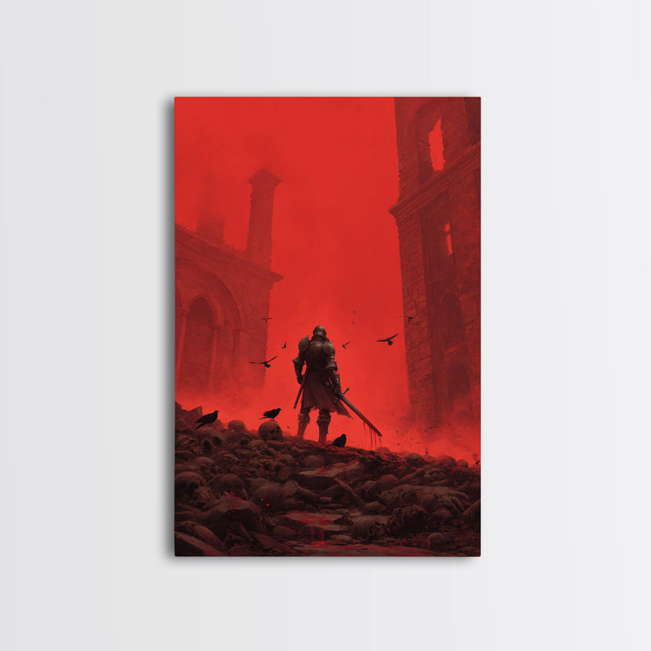 Knight In Crimson Ruins Wall Art, Dark Fantasy Red Gothic Print, Medieval Warrior Decor, Crows And Skulls, Bold Wall Decor