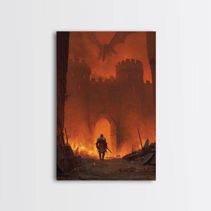 Knight At Burning Castle Gate Wall Art, Dark Fantasy Dragon Print, Medieval Warrior Decor, Gothic Game Room Artwork Gift