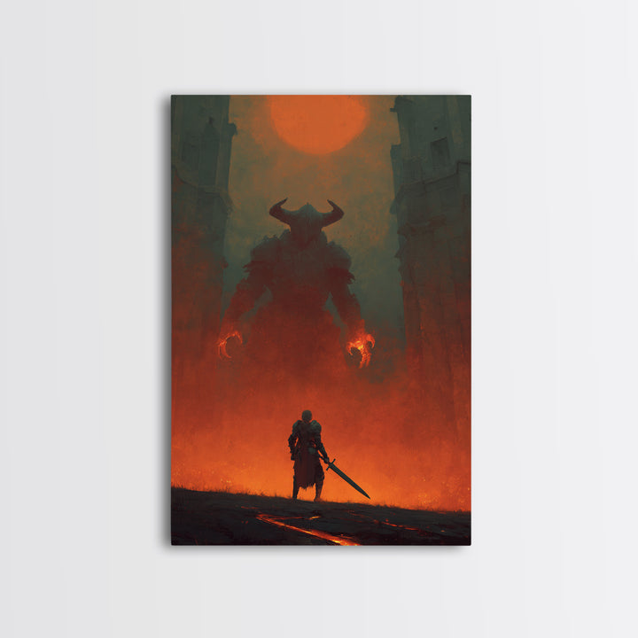Knight Facing Horned Demon Canvas Print, Dark Fantasy Red Moon Wall Decor, Gothic Monster Art, Epic Game Room Artwork Gift