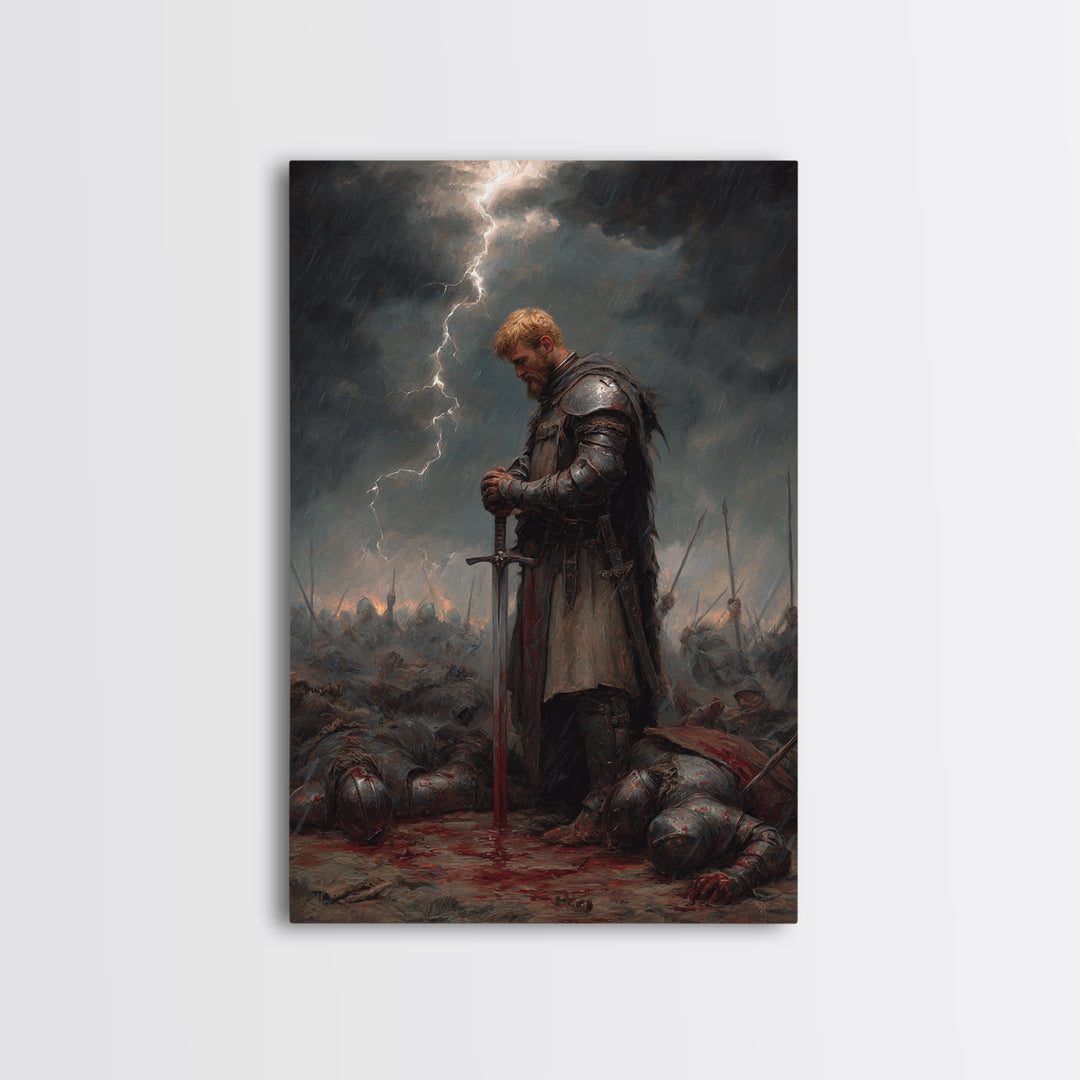 Blond Knight Praying In Storm Wall Art, Dark Fantasy Medieval Battle Print, Gothic Warrior Decor, Moody Masculine Office Art