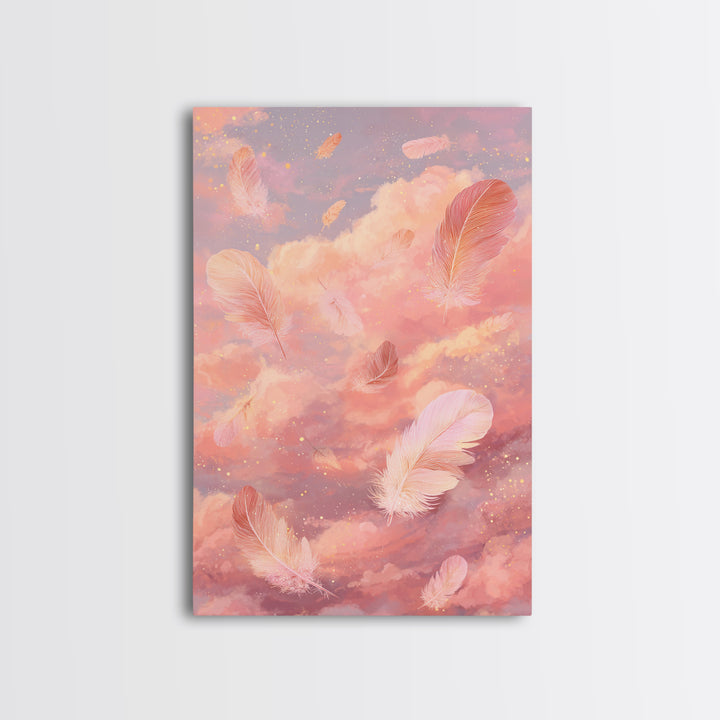 Pink Feather Cloud Canvas Print, Dreamy Celestial Sky Art, Pastel Nursery Decor, Whimsical Bedroom Wall Decor Gift For Her