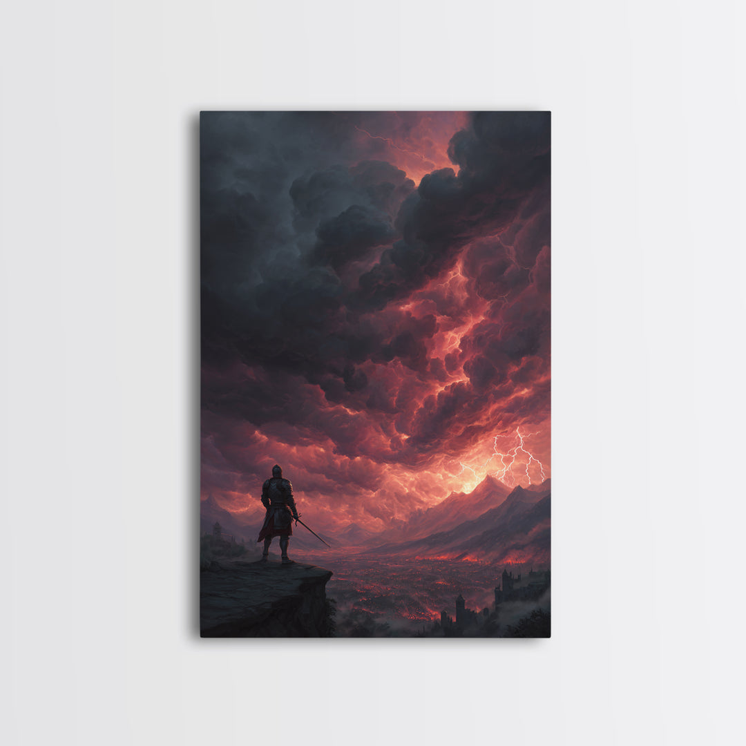Lone Warrior Under Crimson Lightning Storm Wall Art, Dark Fantasy Landscape, Medieval Castle Decor, Dramatic Gothic Poster