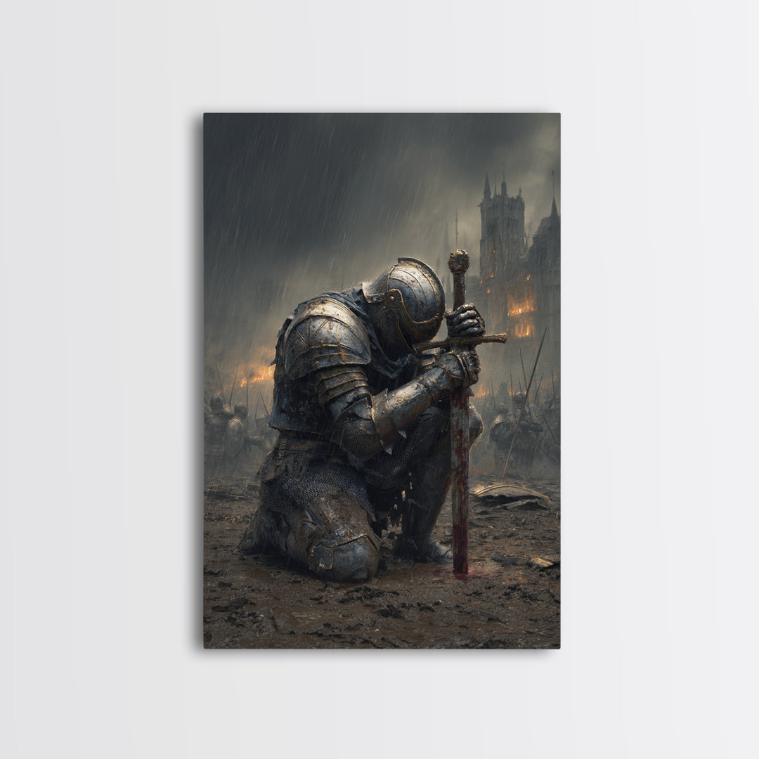 Kneeling Knight In Rainy Battlefield Framed Canvas Print, Dark Medieval Wall Decor, Gothic Castle Art, Gift For Him, Office Decor
