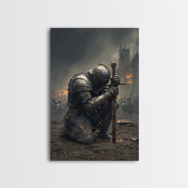 Kneeling Knight In Rainy Battlefield Framed Canvas Print, Dark Medieval Wall Decor, Gothic Castle Art, Gift For Him, Office Decor