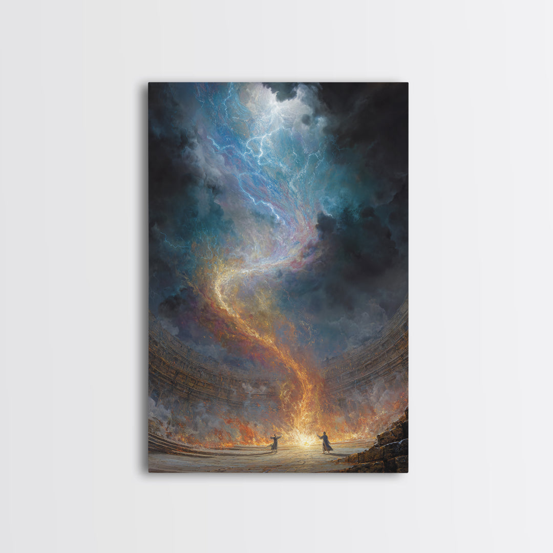 Celestial Firestorm Vortex In Ancient Arena Canvas Print, Epic Fantasy Wall Art, Cosmic Lightning Decor, Dramatic Poster