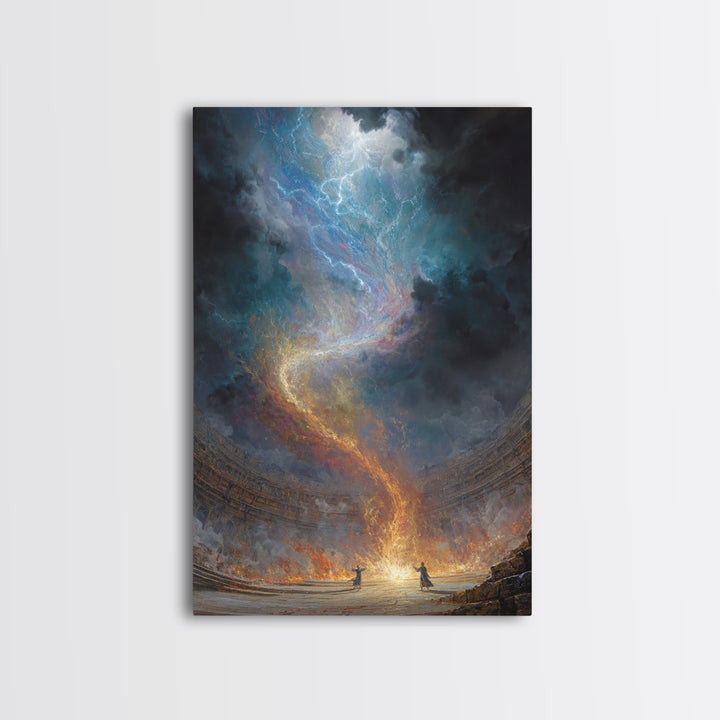 Celestial Firestorm Vortex In Ancient Arena Canvas Print, Epic Fantasy Wall Art, Cosmic Lightning Decor, Dramatic Poster