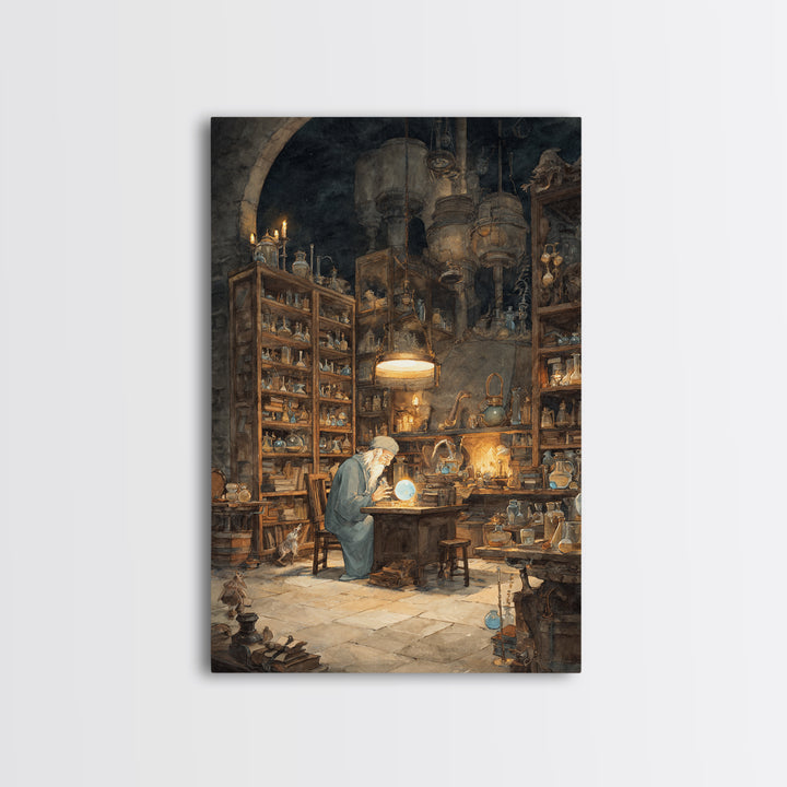 Moonlit Alchemist Workshop With Glowing Orb Wall Art, Dark Academia Decor, Fantasy Library Print, Whimsical Office Poster