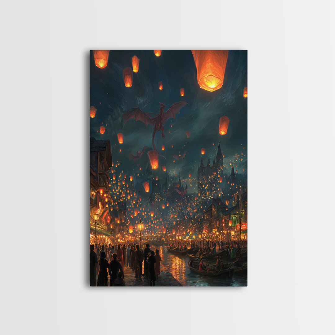 Dragon Lantern Festival Over Medieval Harbor Framed Canvas Print, Fantasy Wall Art, Magical City Decor, Whimsical Poster