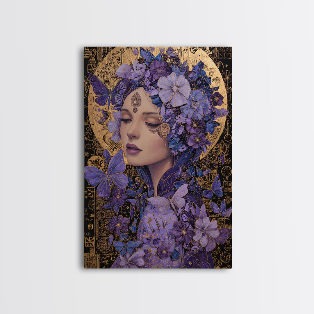 Purple Floral Goddess Portrait Wall Art, Art Nouveau Butterfly Decor, Feminine Celestial Canvas Print, Gift For Her, Boho Wall Decor