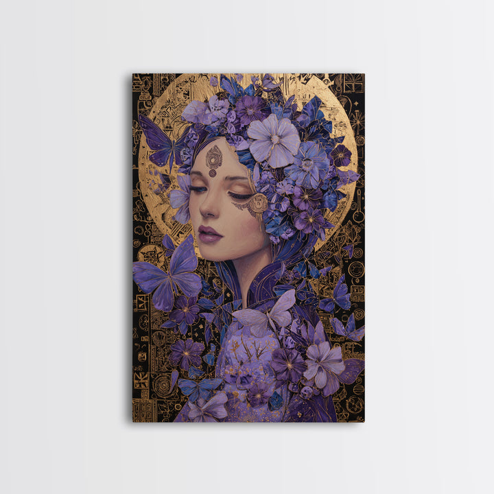 Purple Floral Goddess Portrait Wall Art, Art Nouveau Butterfly Decor, Feminine Celestial Canvas Print, Gift For Her, Boho Wall Decor