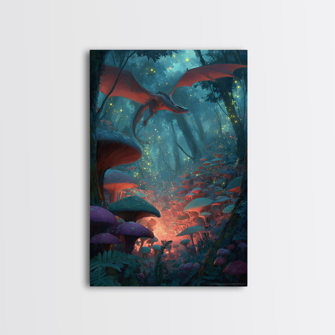 Red Dragon In Glowing Mushroom Forest Canvas Print, Enchanted Fantasy Wall Art, Woodland Nursery Decor, Magical Poster, Kids Room Art