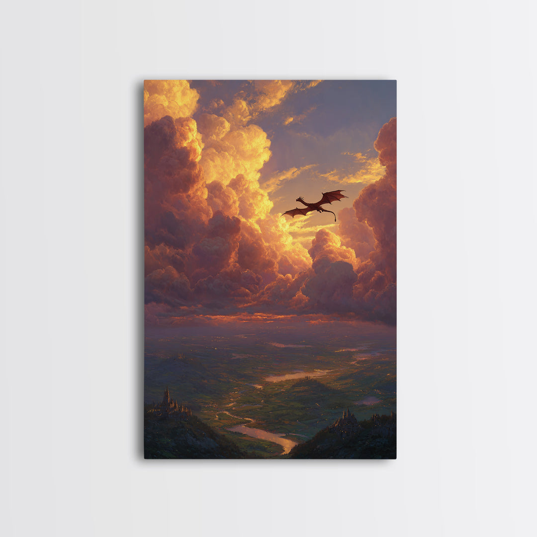 Dragon Flying Through Golden Sunset Clouds Wall Art, Epic Fantasy Landscape, Castle Valley Decor, Large Canvas Print, Gift For Him