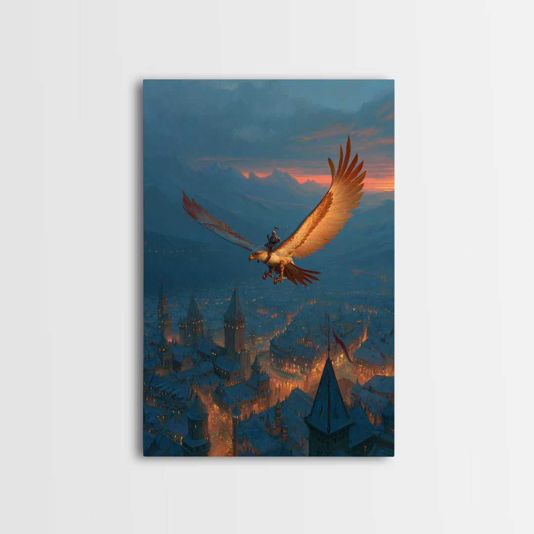 Giant Eagle Rider Over Snowy Fantasy City Framed Canvas Print, Magical Wall Art, Winter Castle Decor, Adventure Poster, Kids Room Art