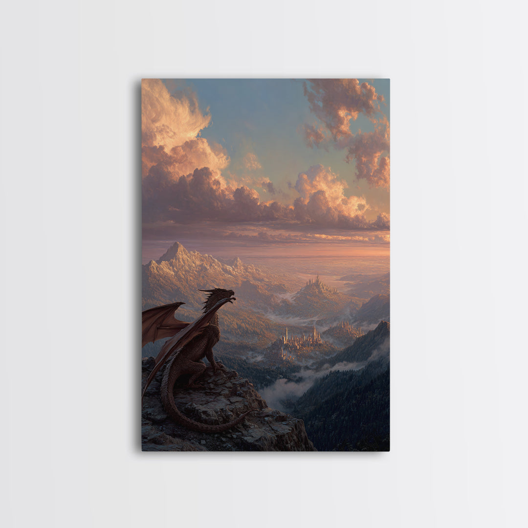 Dragon On Mountain Overlooking Kingdom At Sunset Canvas Print, Fantasy Landscape Wall Art, Castle Decor, Gift For Him, Adventure Poster