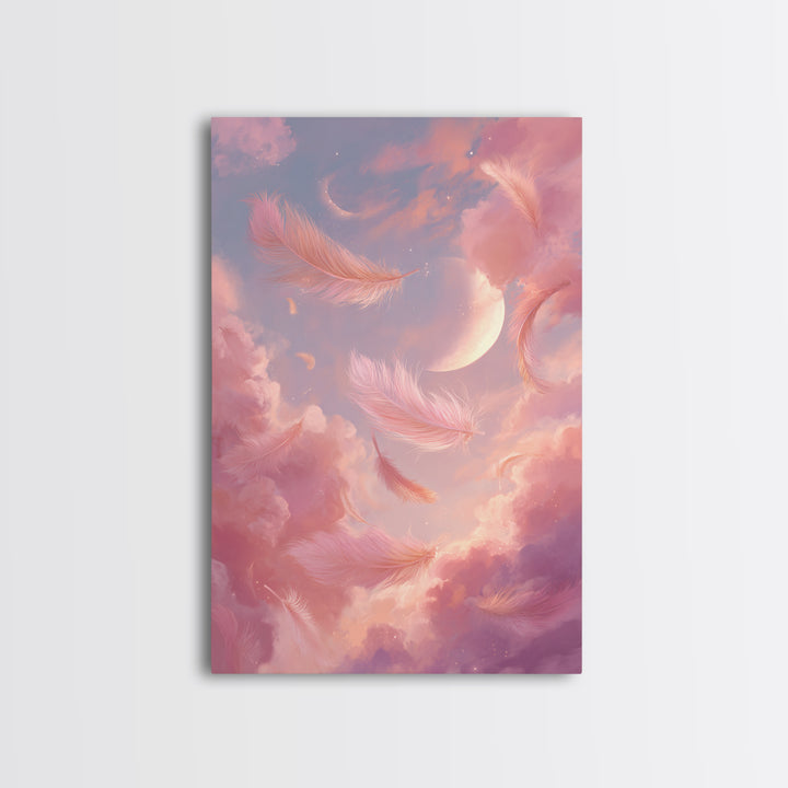 Crescent Moon Feather Wall Art, Pink Cloud Celestial Canvas, Dreamy Nursery Decor, Whimsical Bedroom Print Gift For Her, Pastel Decor